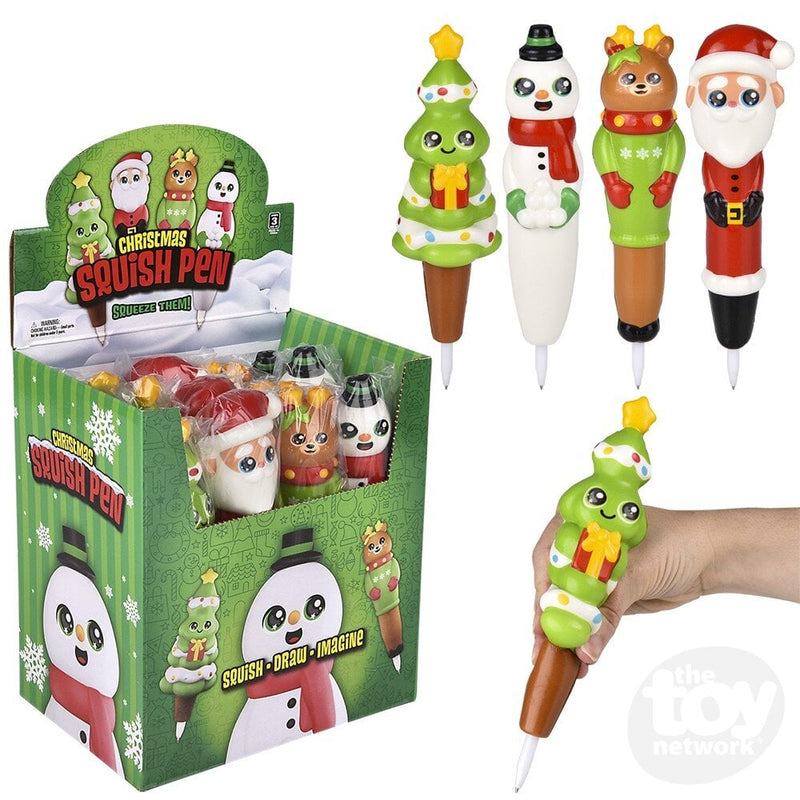 Christmas Squish Pen 12-count display box with four festive squishy pen toppers including tree, snowman, reindeer, and Santa