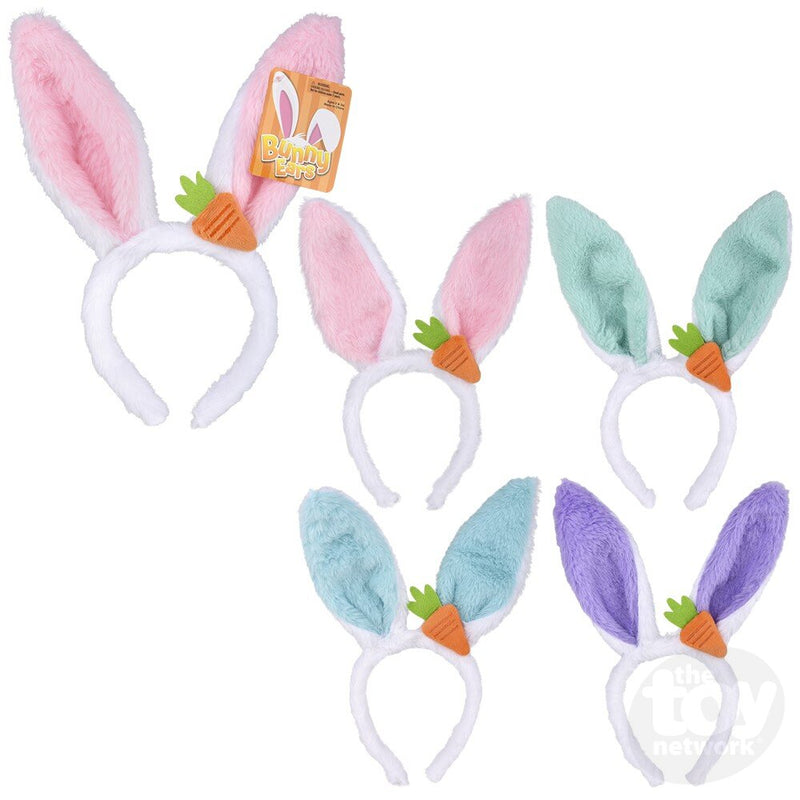 Five plush bunny ear headbands with carrots in pink, mint green, and purple colors