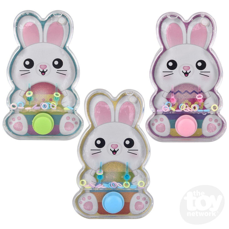 Three bunny-shaped water games with glitter and colorful beads inside clear plastic cases