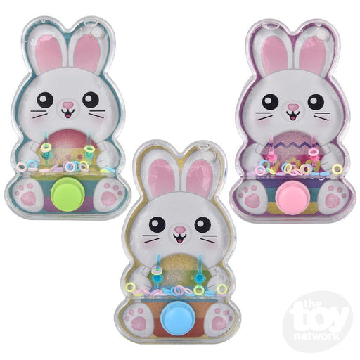 Three bunny-shaped water games with glitter and colorful beads inside clear plastic cases