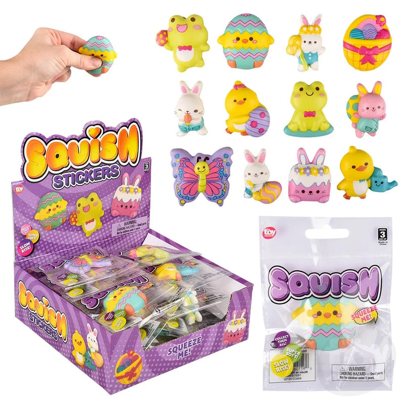 Easter Squish Sticker collection showing various cute Easter-themed squishy toys and packaging