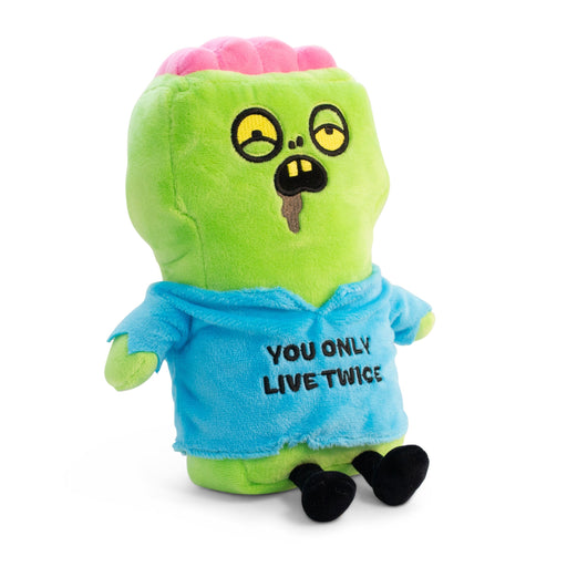 Green zombie plushie with pink brain and blue hoodie saying You Only Live Twice