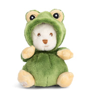 Green frog costume plush teddy bear with white face and yellow accents