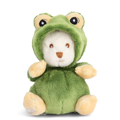 Green frog costume plush teddy bear with white face and yellow accents