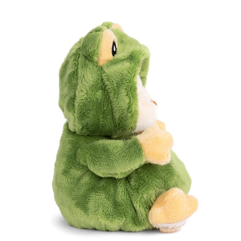Green plush frog stuffed animal with yellow belly and feet on white background