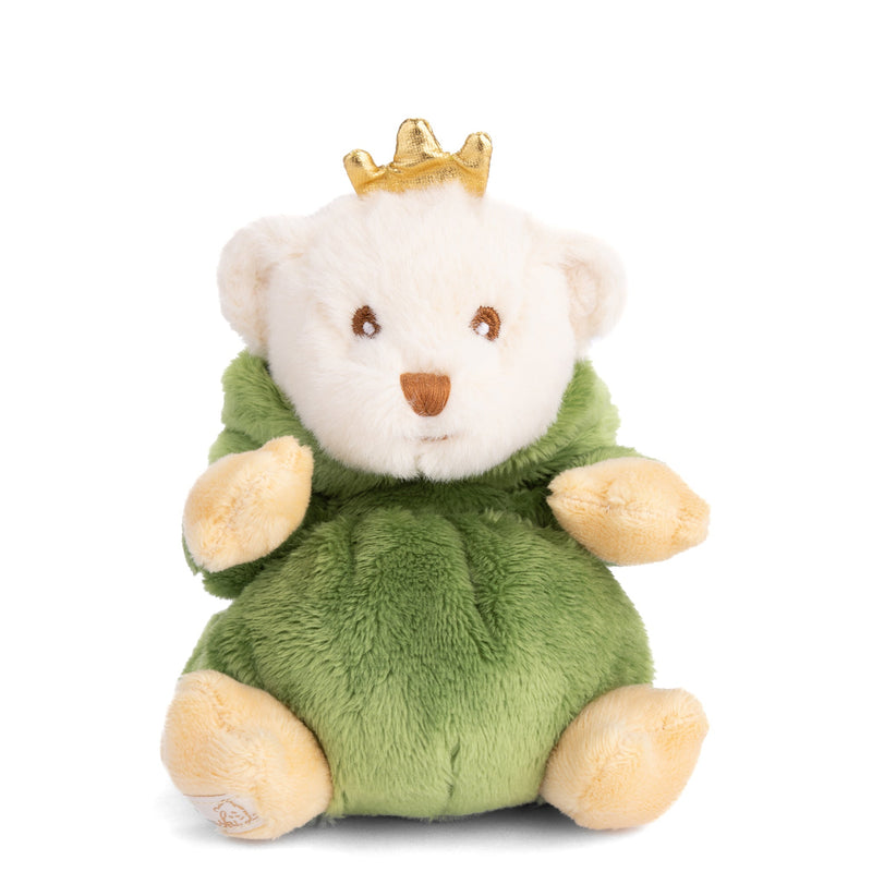 White teddy bear wearing green outfit with golden crown, sitting pose on white background