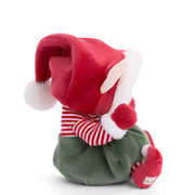 Green Christmas elf plush toy with red Santa hat and striped collar