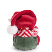 Back view of Christmas elf plush toy with red Santa hat and green body
