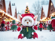 Christmas elf plush toy with red hat and green outfit at winter market