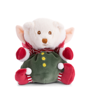 White plush bear in red striped shirt and green vest with yellow buttons
