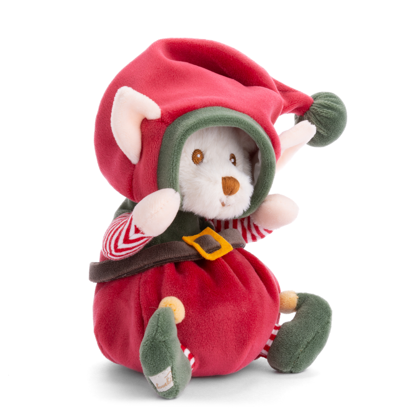 Red plush elf toy with green accents, pointed hat, and brown belt