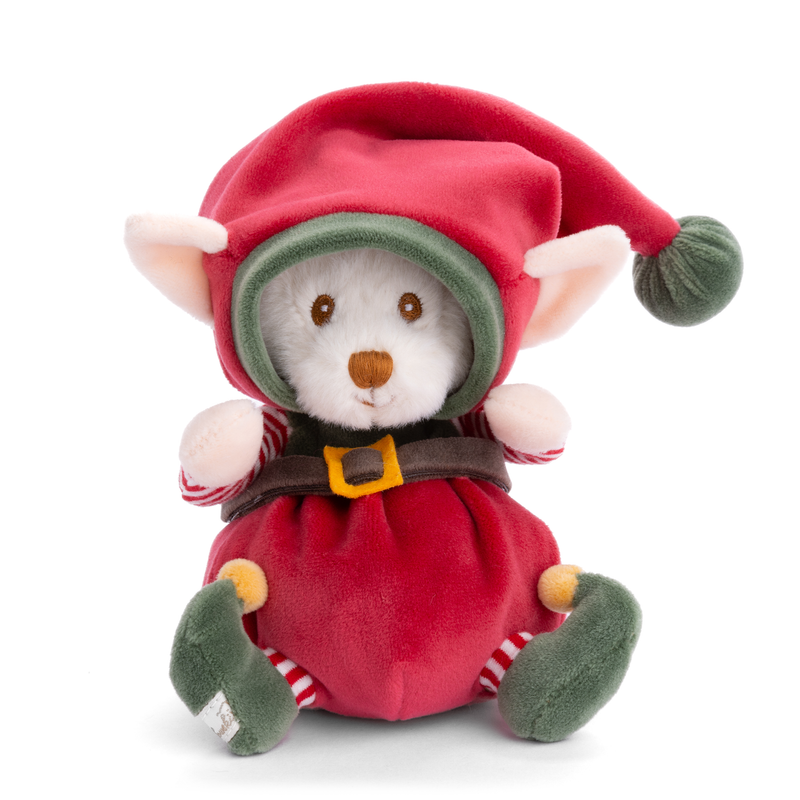 Plush white teddy bear dressed as Christmas elf with red hat and outfit