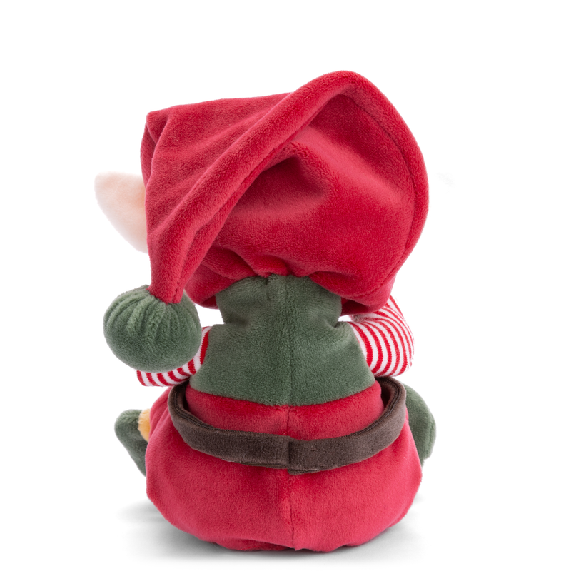Red Christmas elf plush toy with green body and striped sleeves on white background