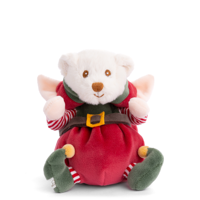 White teddy bear in red elf costume with green collar and shoes