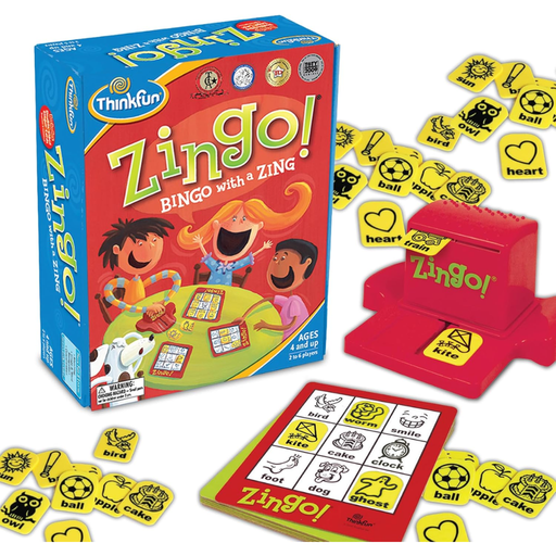 Thinkfun Zingo! board game set with packaging and components.