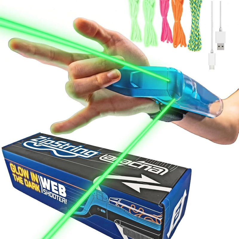 Travel Box & Fluorescent Strings. Shows toy on players wrist shooting string as well as other string colors available and charging cable. 