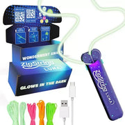 ZipString Luma packaging showing glow-in-the-dark features, charging cord and cords.