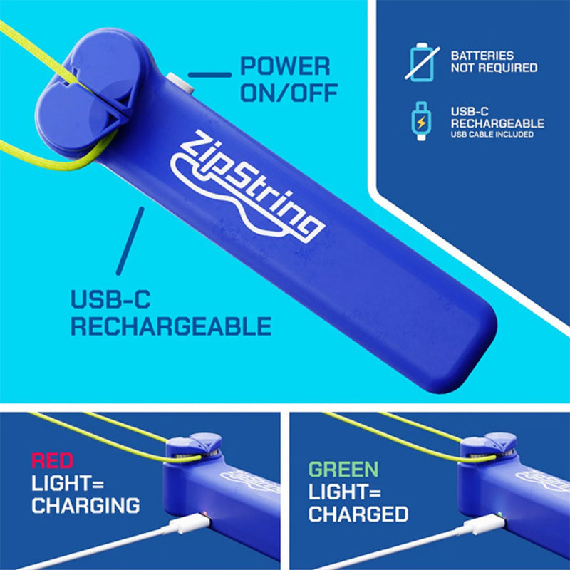 Blue ZipString item showing power and charger locations.  
