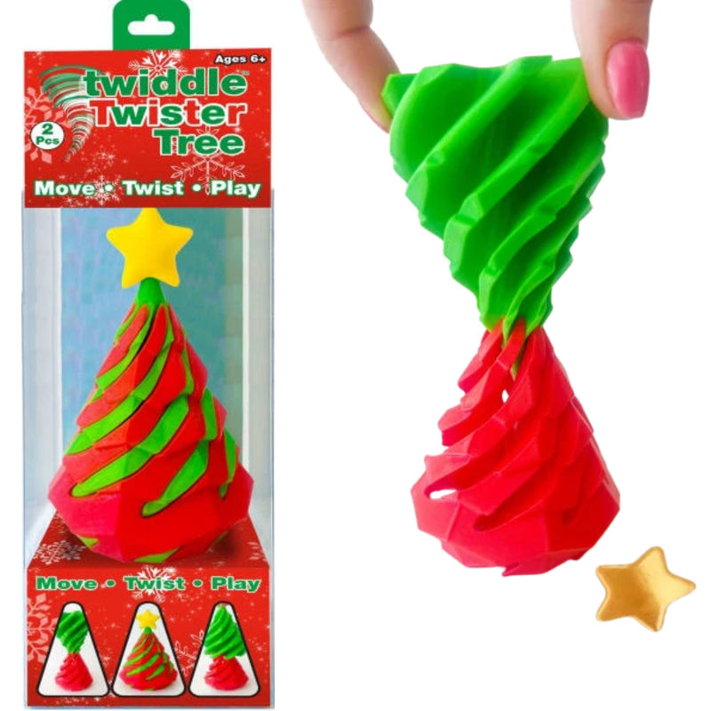 Twiddle Twister Tree Christmas toy shown in its retail packaging on the left and being held by a hand on the right, demonstrating its green and red spiral design with a gold star topper.