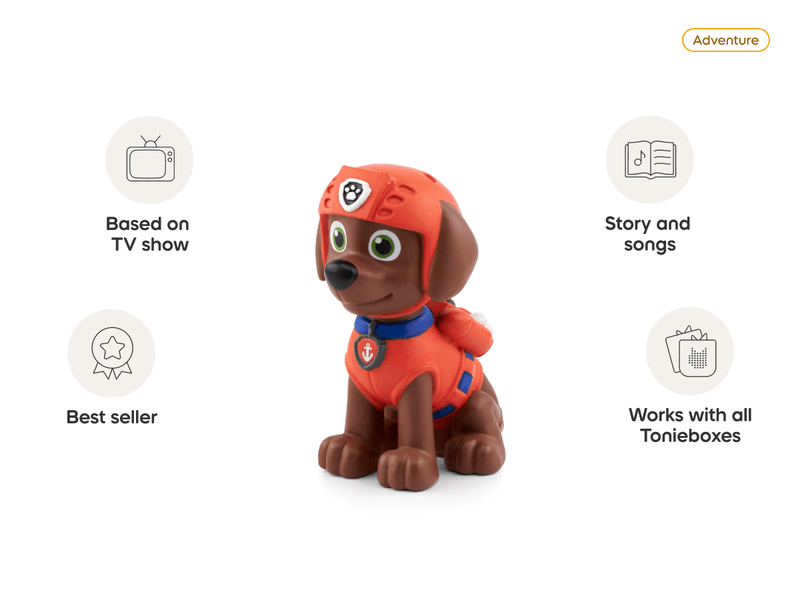 Paw Patrol Zuma Tonie figure in red rescue uniform with promotional features listed