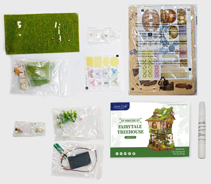 Hands Craft Fairytale Treehouse DIY miniature kit contents laid out flat including wooden pieces, accessories, and instruc...