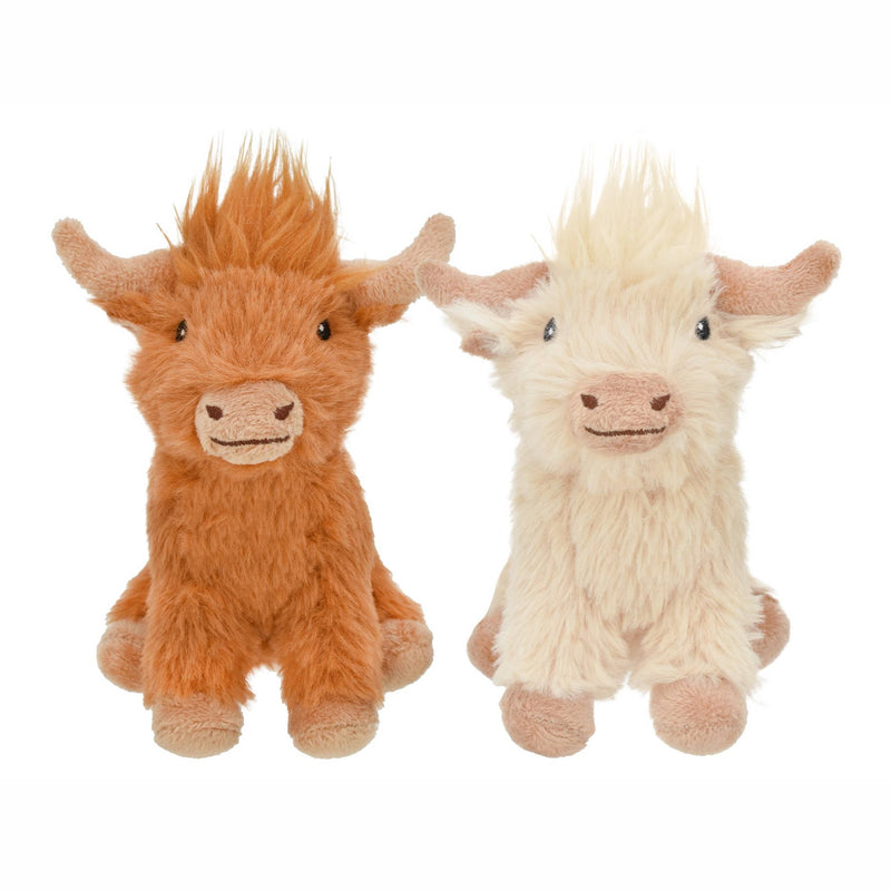 Two Highland Cow plush toys in brown and cream with fluffy fur and horns