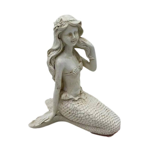 Gray stone-textured mini mermaid figurine with long flowing hair and scaled tail