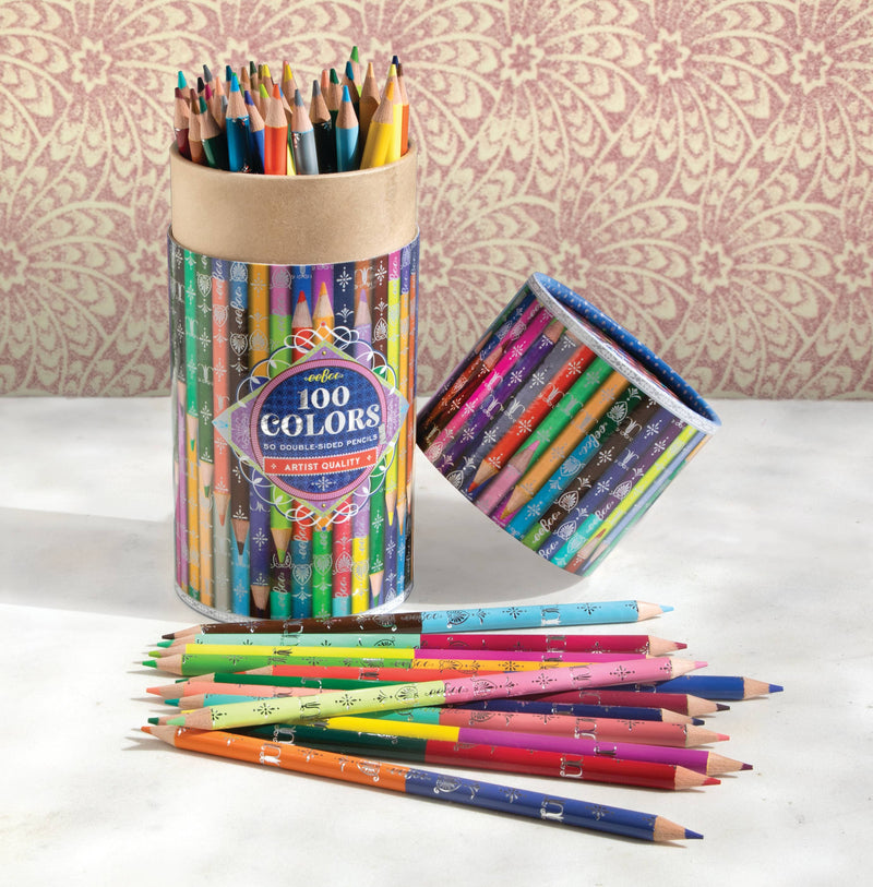 eeBoo 100 Colors double-sided colored pencils in decorative cylinder container with pencils displayed