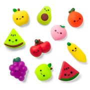 Set of 10 kawaii fruit mochi squishy toys on white background with smiling faces