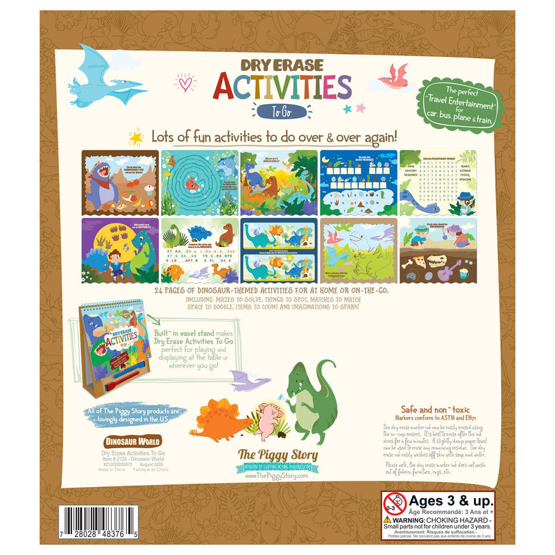 Dinosaur World dry erase activities book back cover showing 24 pages of reusable activities