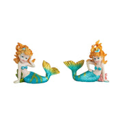 Two decorative mini mermaid figurines with orange hair and blue-gold tails on white background