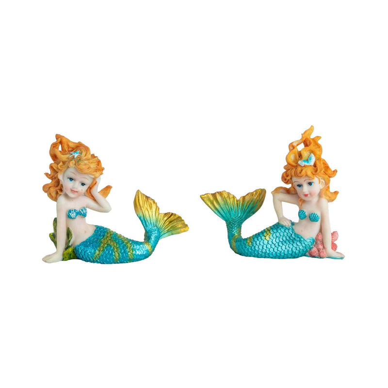 Two decorative mini mermaid figurines with orange hair and blue-gold tails on white background