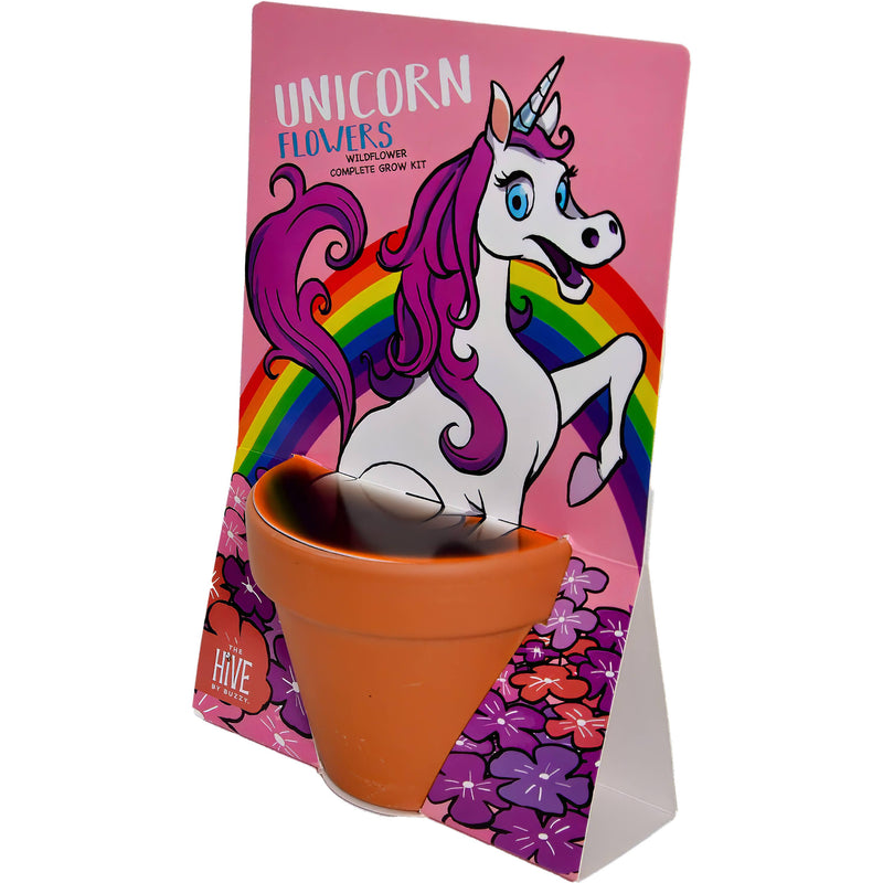 Unicorn Flowers wildflower seed grow kit with terra cotta pot and unicorn rainbow packaging