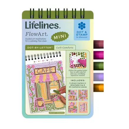 Lifelines FlowArt Mini Cafe Comforts dot-by-letter craft kit package with colorful markers