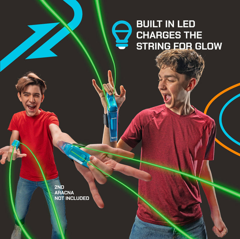 Two teens playing with ZipString Aracna devices creating glowing green light strings