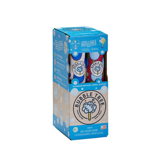 Bubble Tree refillable bubble solution kit with two bottles in blue packaging