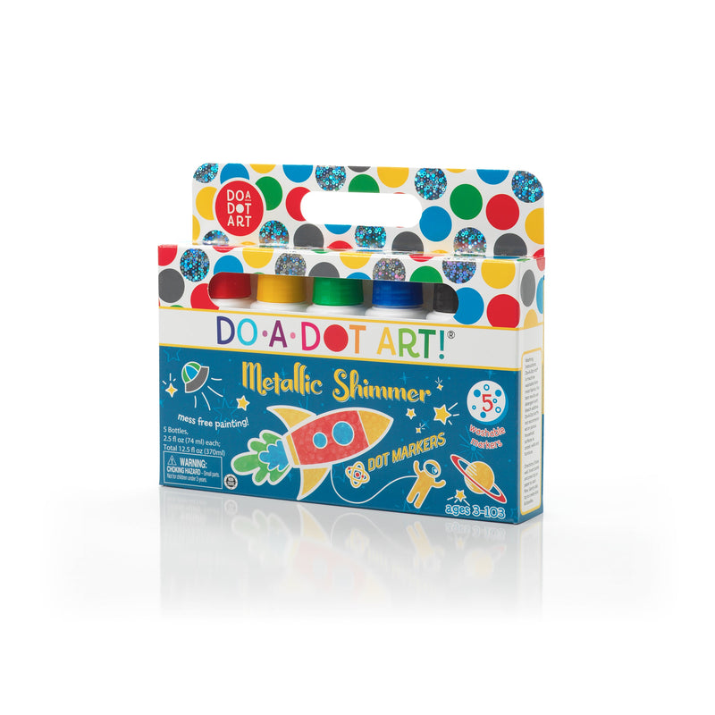 Do-A-Dot Art Metallic Shimmer dot markers 5-pack with colorful packaging showing rocket illustration
