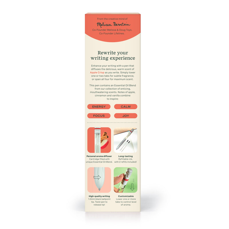 Professional product packaging design for Apple Crisp scented aromatherapy pen diffuser with feature descriptions