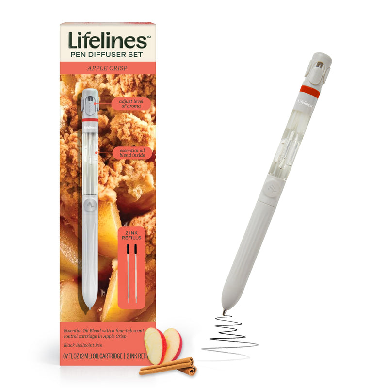 Lifelines Apple Crisp Pen Diffuser Set with packaging and white pen shown writing
