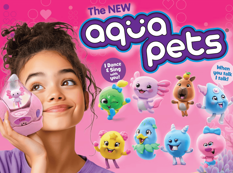 Young girl with Aqua Pets interactive toys dancing and singing on pink background