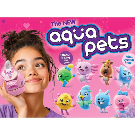 Young girl with Aqua Pets interactive toys dancing and singing on pink background