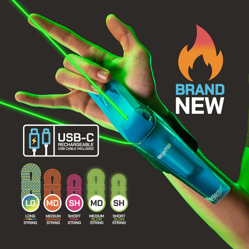 Hand wearing blue ZipString device with green laser light and color options displayed