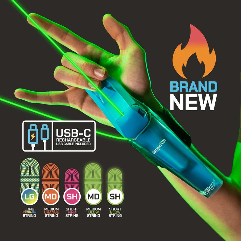 Hand wearing blue ZipString device with green laser light and color options displayed