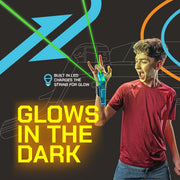 Person demonstrating ZipString toy with glowing LED light effects in dark setting