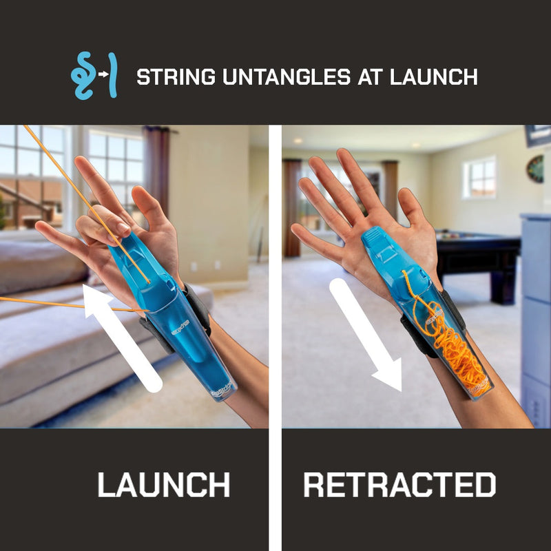 ZipString handheld device shown launching and retracting string in home setting