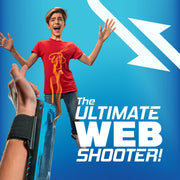 Person using ZipString web shooter toy with excited expression on blue background