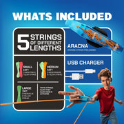 ZipString Aracna pack with boy demonstrating blue device and included accessories overview