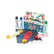 Do-A-Dot Metallic Shimmer dot markers set with packaging and completed rocket artwork