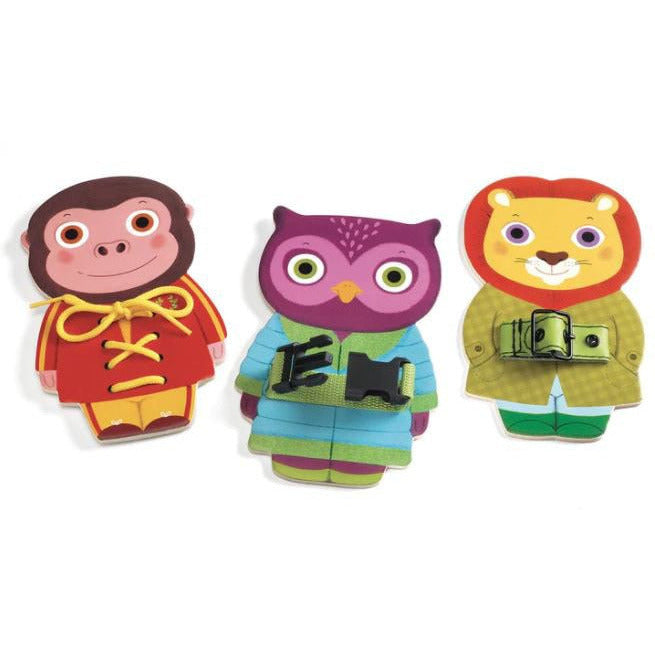 Three colorful animal-shaped attachment toys monkey owl lion with buckle straps
