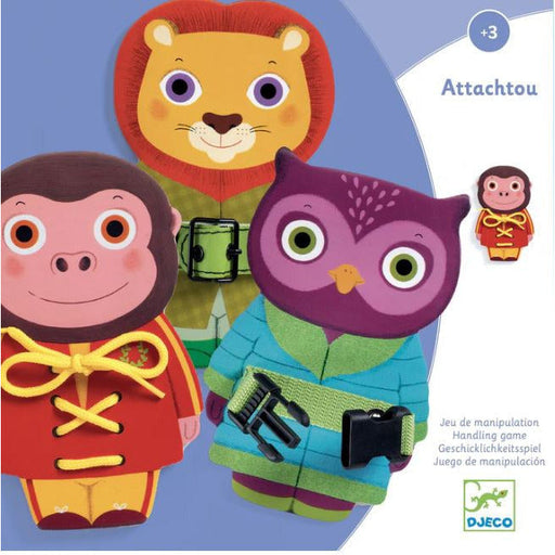 DJECO Attachtou buckle toy set featuring colorful animal characters monkey lion owl